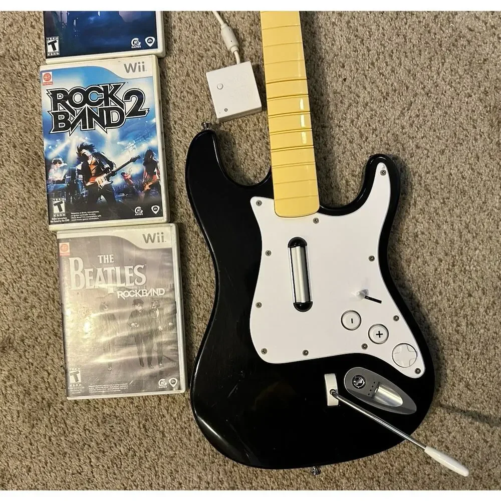 Nintendo Wii Rock Band Guitar w Dongle Strap 1 2 Games RockBand Beatles Tested